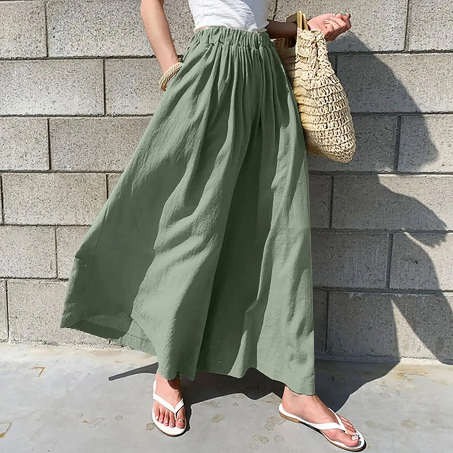 Linen Pants for Women Casual Elastic High Waisted Wide Leg Palazzo Pants Loose Flowy Beach Trousers with Pockets