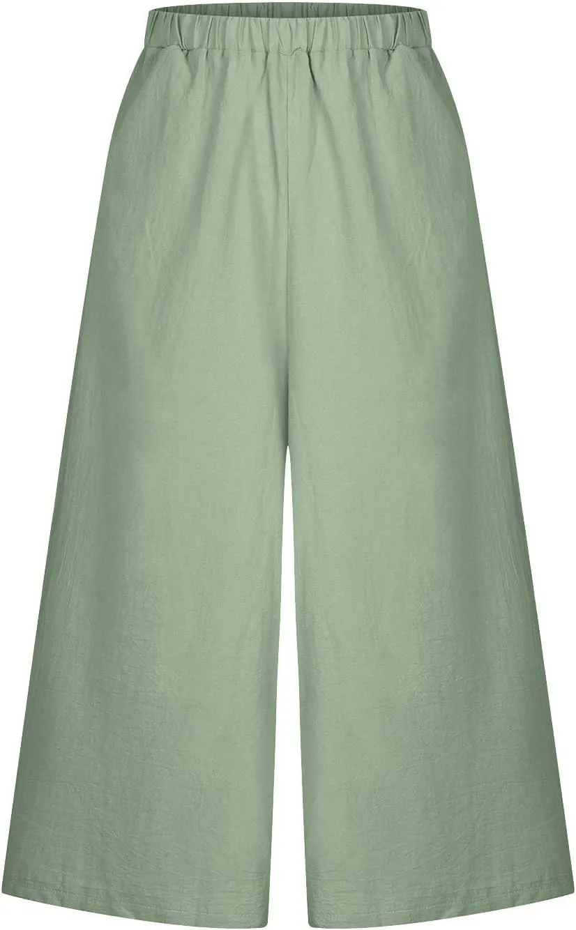 Linen Pants for Women Casual Elastic High Waisted Wide Leg Palazzo Pants Loose Flowy Beach Trousers with Pockets