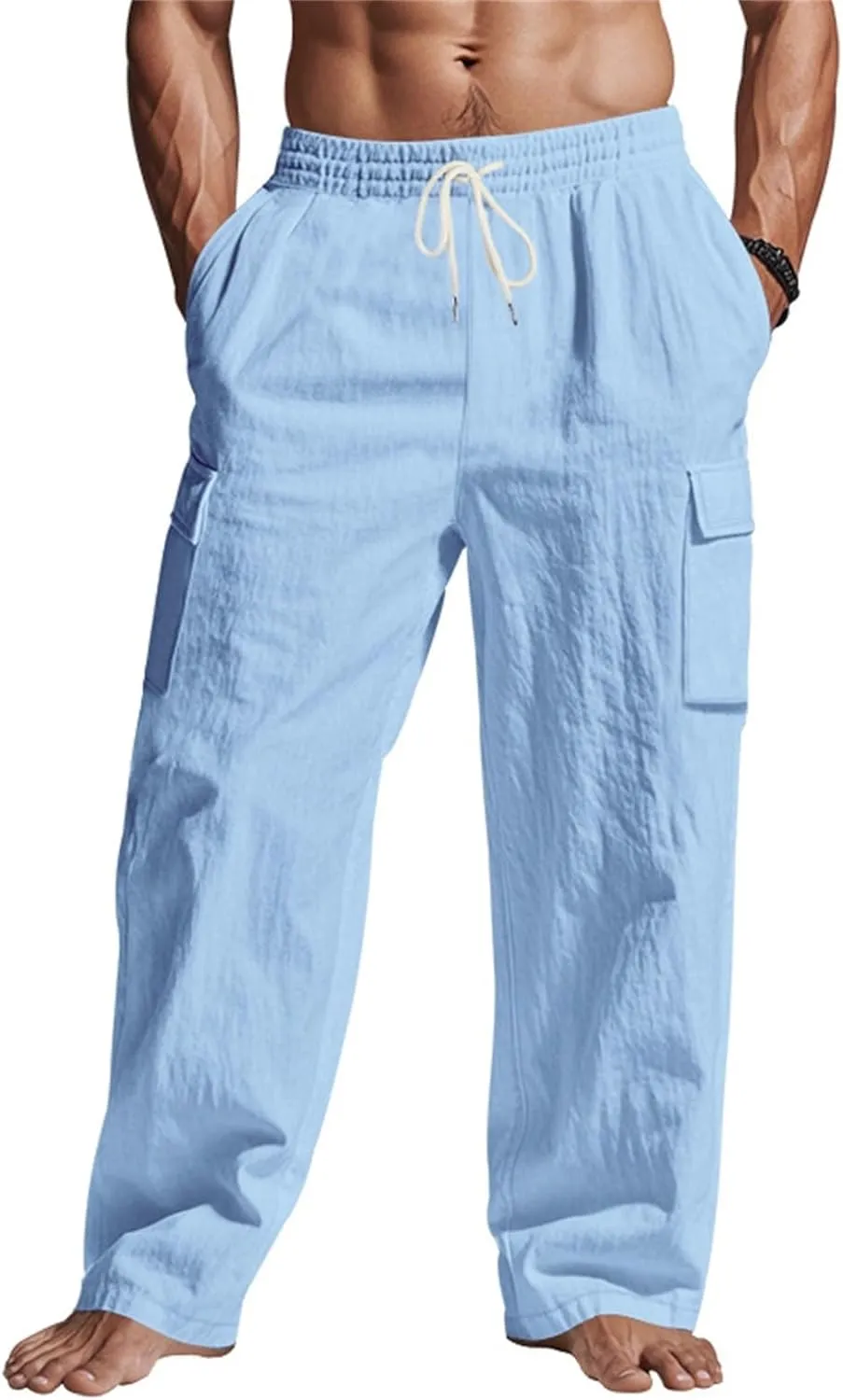 Lounge Pants Men Linen Breathable Lightweight Pant Loose Fit Cargo Trousers Wide Leg Elastic Waist with Pockets