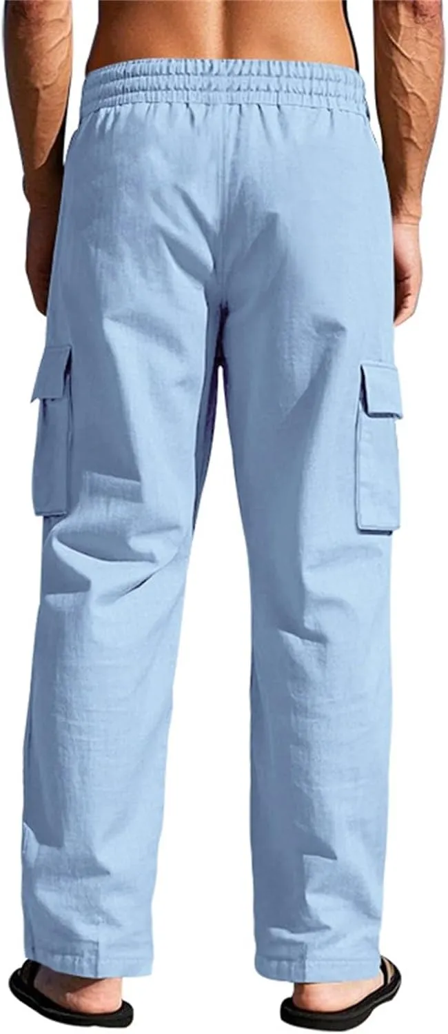 Lounge Pants Men Linen Breathable Lightweight Pant Loose Fit Cargo Trousers Wide Leg Elastic Waist with Pockets