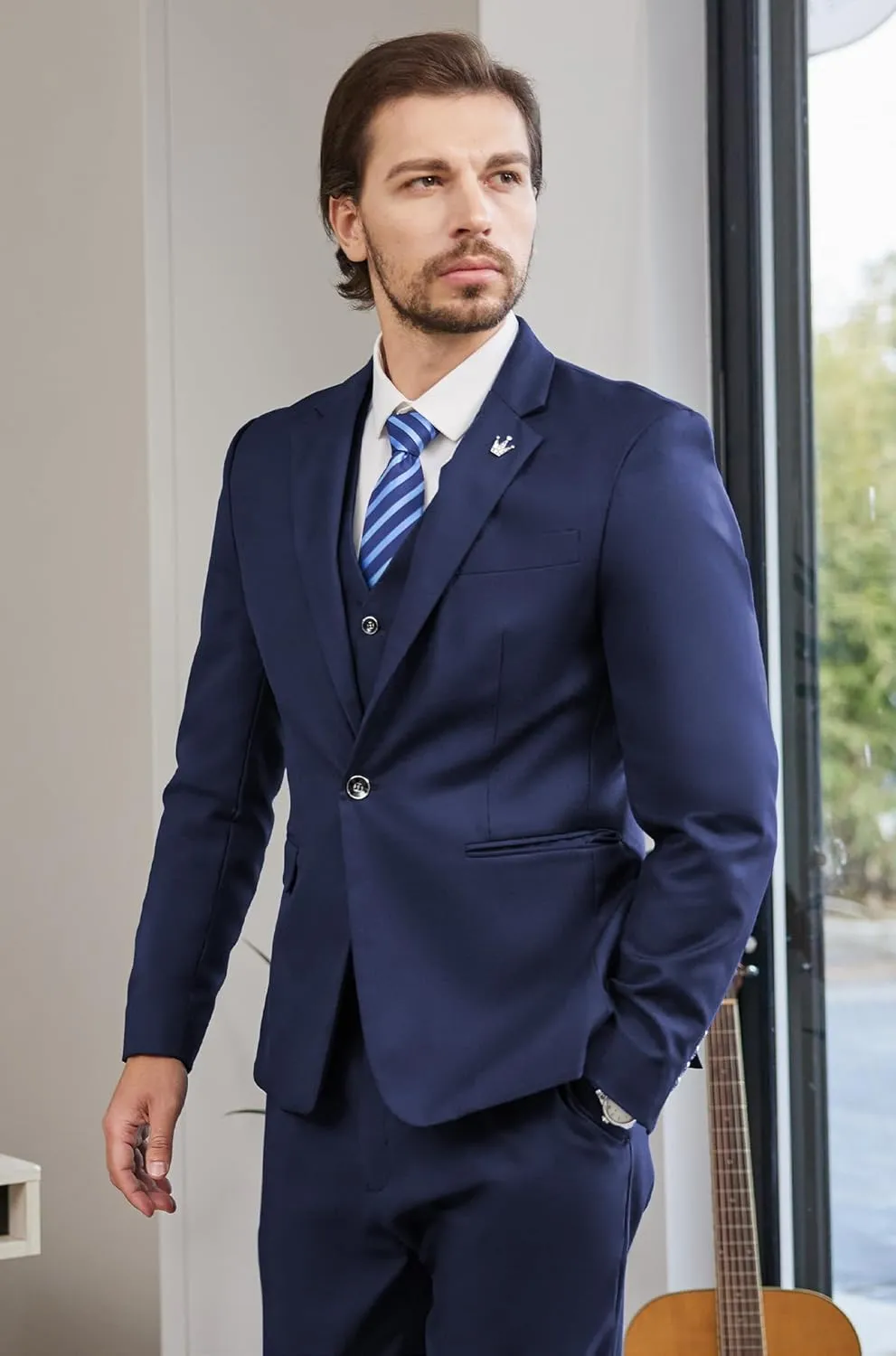 MAGE MALE Mens Suits Slim Fit 3 Piece Tuxedo Suit One Button Solid Prom Wedding Party Blazer Vest Pants Set with Tie