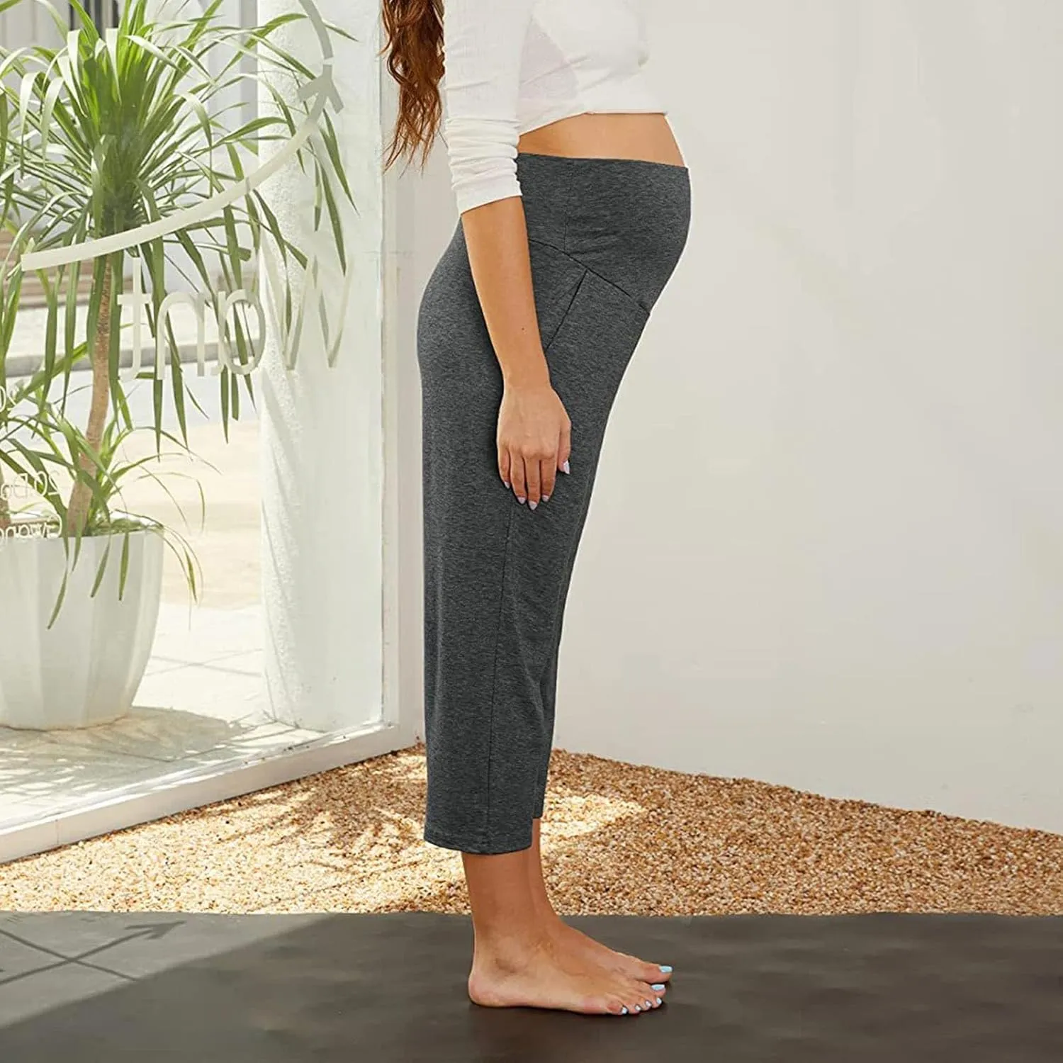Maternity Capris Leggings for Women High Waist Capri Pants with Pockets Casual Stretchy Comfy Lounge Yoga Leggings