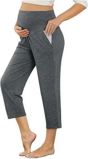 Maternity Capris Leggings for Women High Waist Capri Pants with Pockets Casual Stretchy Comfy Lounge Yoga Leggings