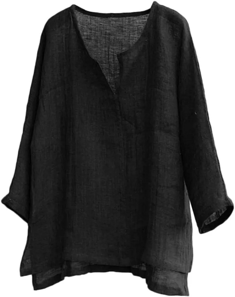 Mens Linen Henley Shirt Breathable 3/4 Sleeve T Shirts Pullover V Neck Loose Summer Casual Top Lightweight Quick Dry