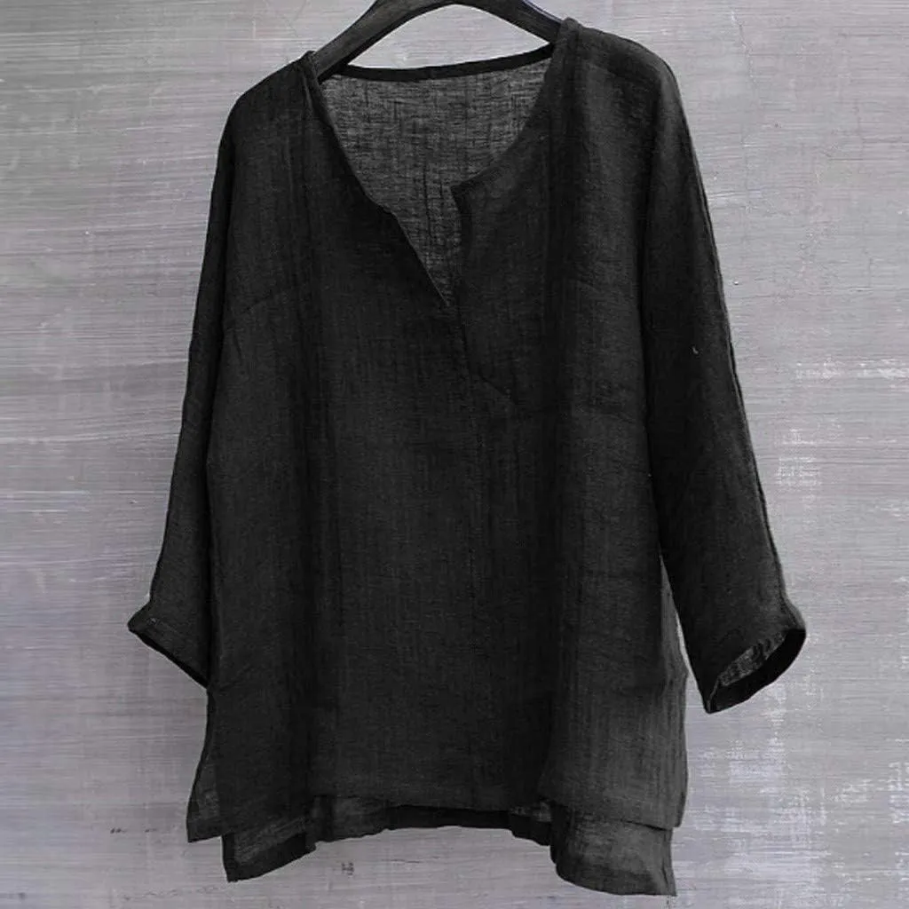 Mens Linen Henley Shirt Breathable 3/4 Sleeve T Shirts Pullover V Neck Loose Summer Casual Top Lightweight Quick Dry