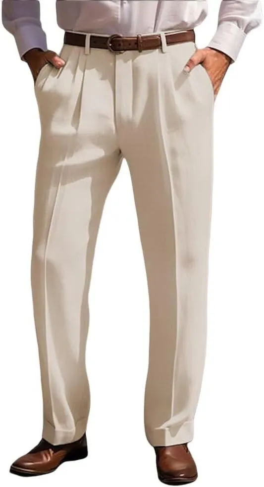 Men’s Linen Leisure Dress Pants Pleated Summer Casual Pants Loose Fit Breathable Beach Vacation Pants Long