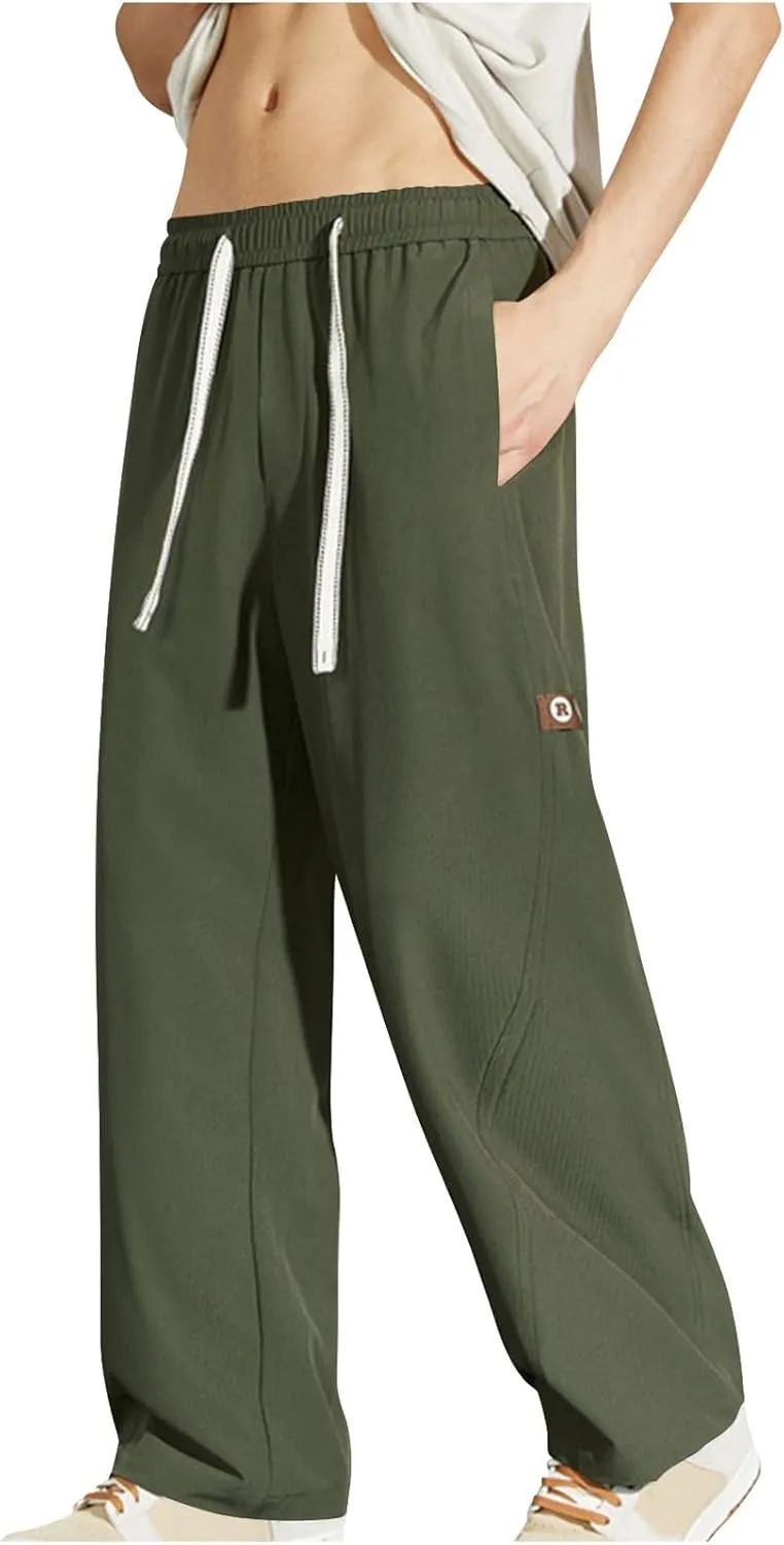 Mens Pants Casual Big and Tall Drawstring Elastic Waist Pant Loose Fit Lightweight Breathable Comfy Summer Beach Pant