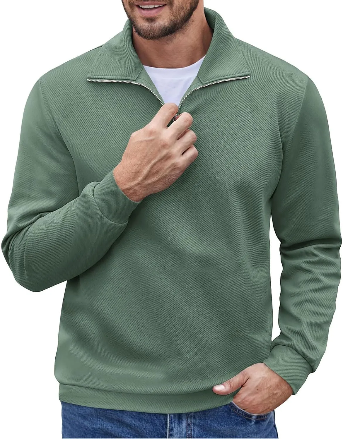 Men's Soft Sweaters Quarter Zip Pullover Sweatshirt Mock Neck Polo Sweater Casual Pullover Sweater with Ribbing Edge