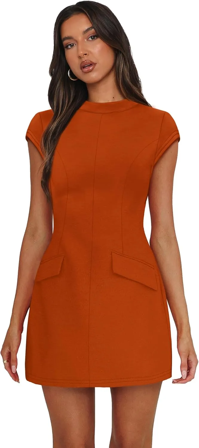 OFEEFAN Womens Summer Dress Mock Neck Short Sleeve Bodycon Party Club Mini Dresses