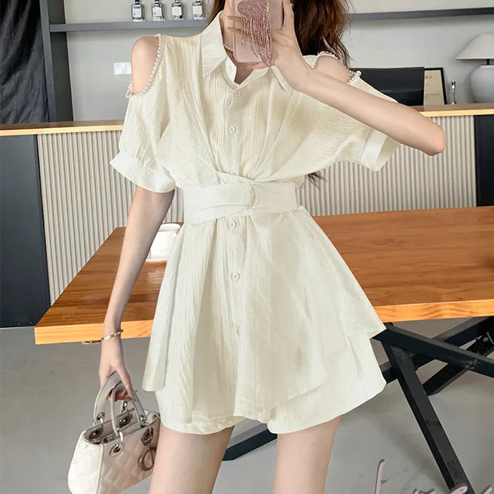 Off-Shoulder Waisted Breathable Shirt Dress Set
