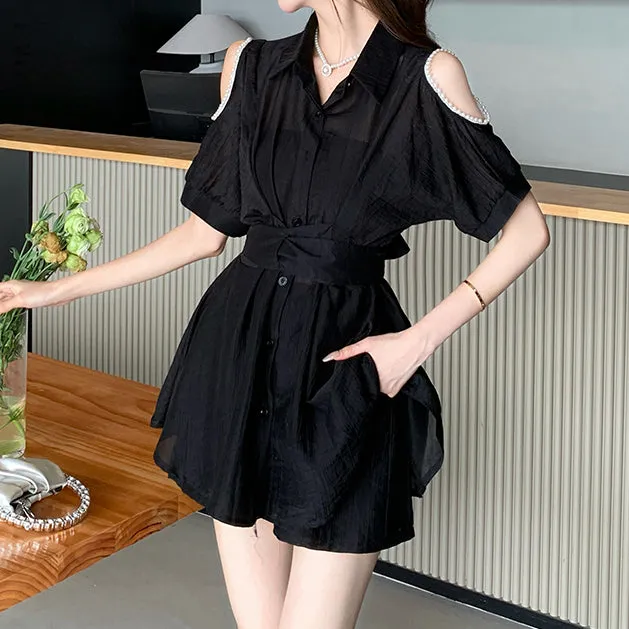 Off-Shoulder Waisted Breathable Shirt Dress Set