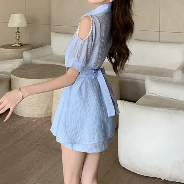 Off-Shoulder Waisted Breathable Shirt Dress Set