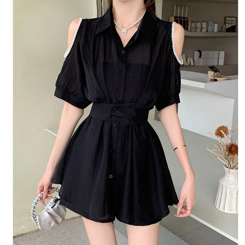 Off-Shoulder Waisted Breathable Shirt Dress Set