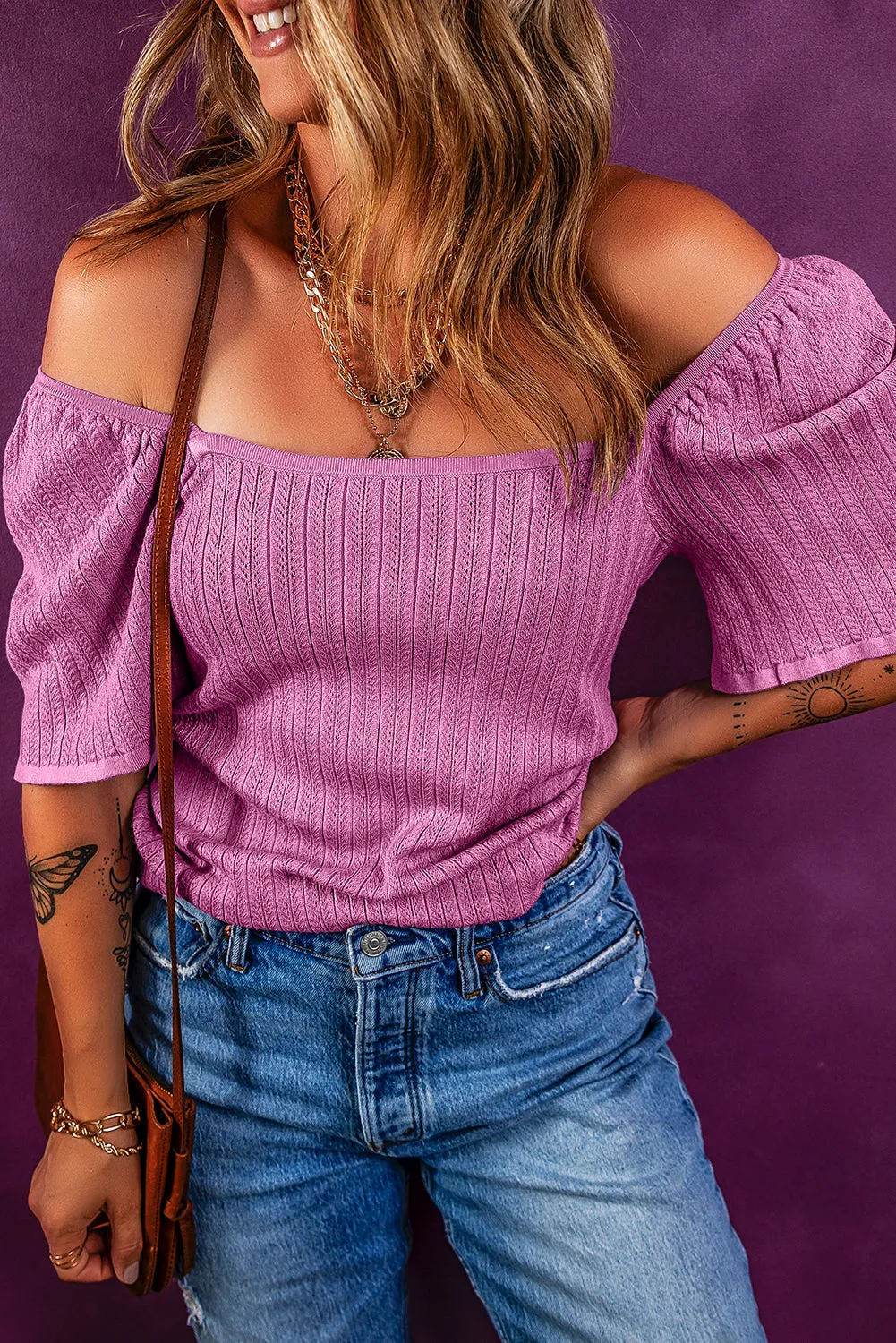 Phalaenopsis Textured Square Neck Flounce Sleeve Top