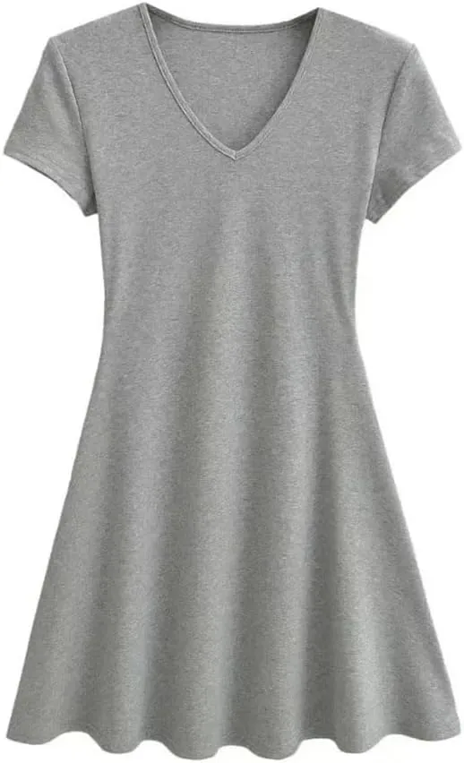 Sexy Short Sleeve V-Neck Style A- Line Mini Dress Summer Casual Flowy Soft Party Dress