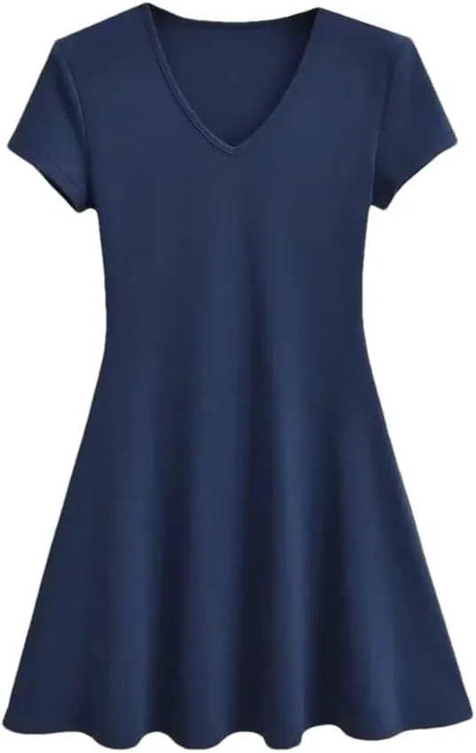 Sexy Short Sleeve V-Neck Style A- Line Mini Dress Summer Casual Flowy Soft Party Dress