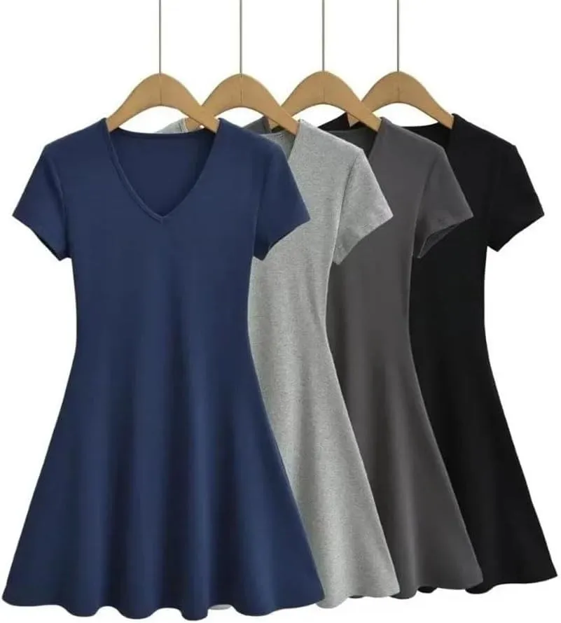 Sexy Short Sleeve V-Neck Style A- Line Mini Dress Summer Casual Flowy Soft Party Dress