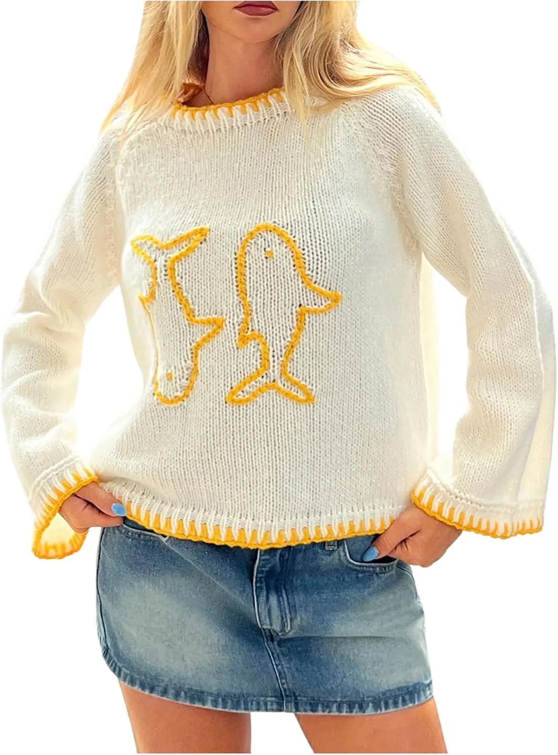 SHENHE Women's Oversized Graphic Pullover Sweater Crew Neck Cute Soft Knitted Sweater