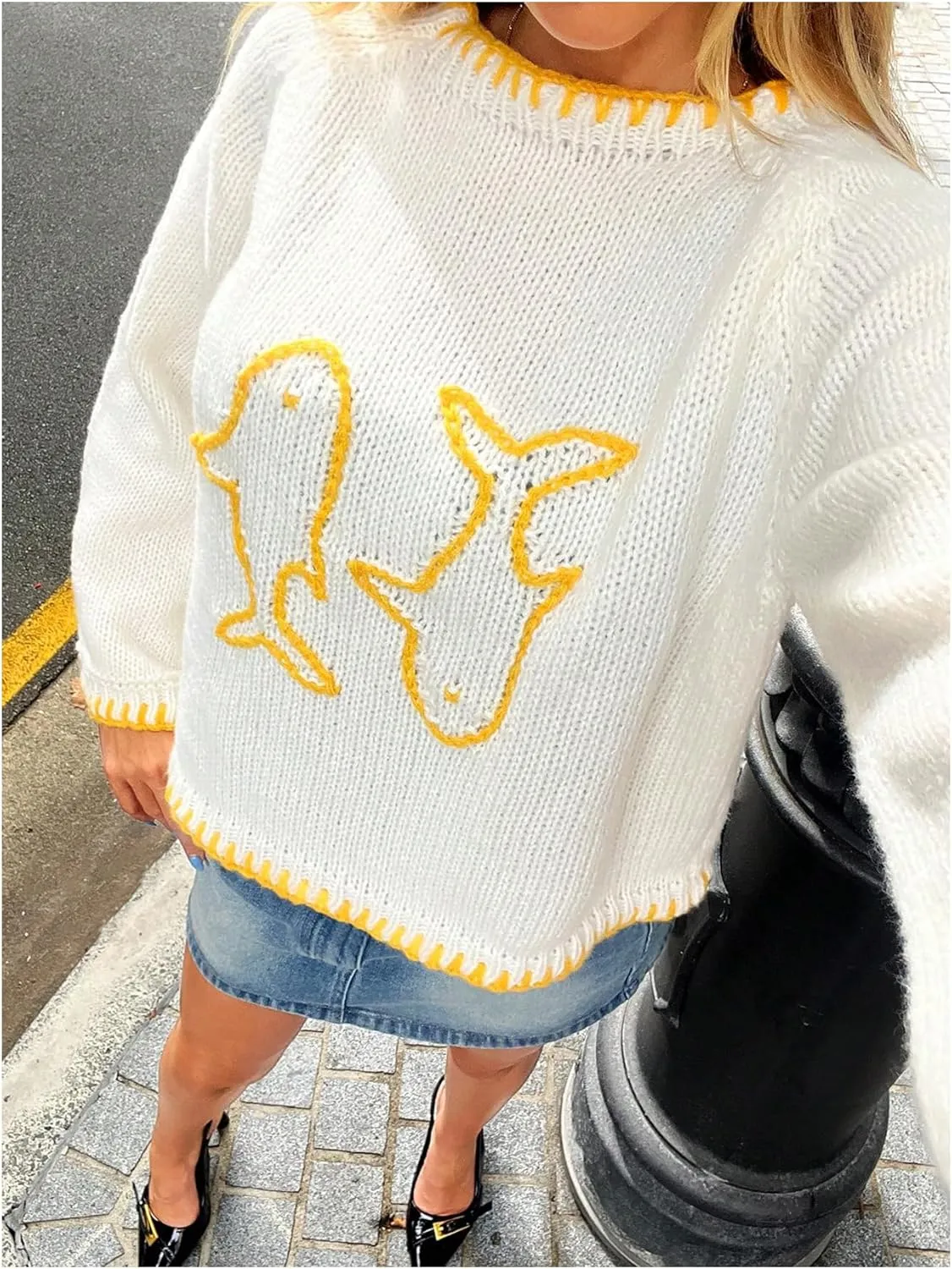 SHENHE Women's Oversized Graphic Pullover Sweater Crew Neck Cute Soft Knitted Sweater
