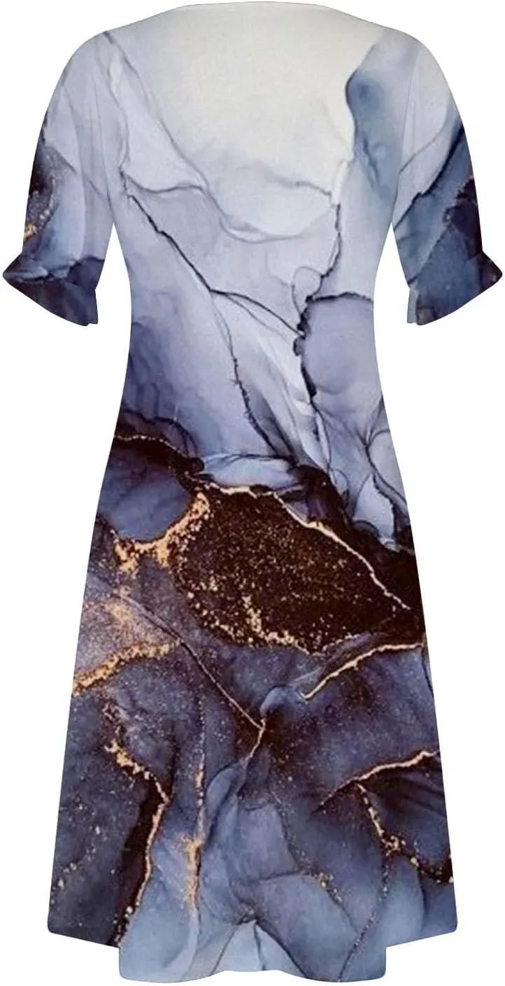 Spring Dresses for Women 2025 Bubble Sleeve Split Irregular Hem V-Neck Elegant Dress Button Floral Casual Sundress