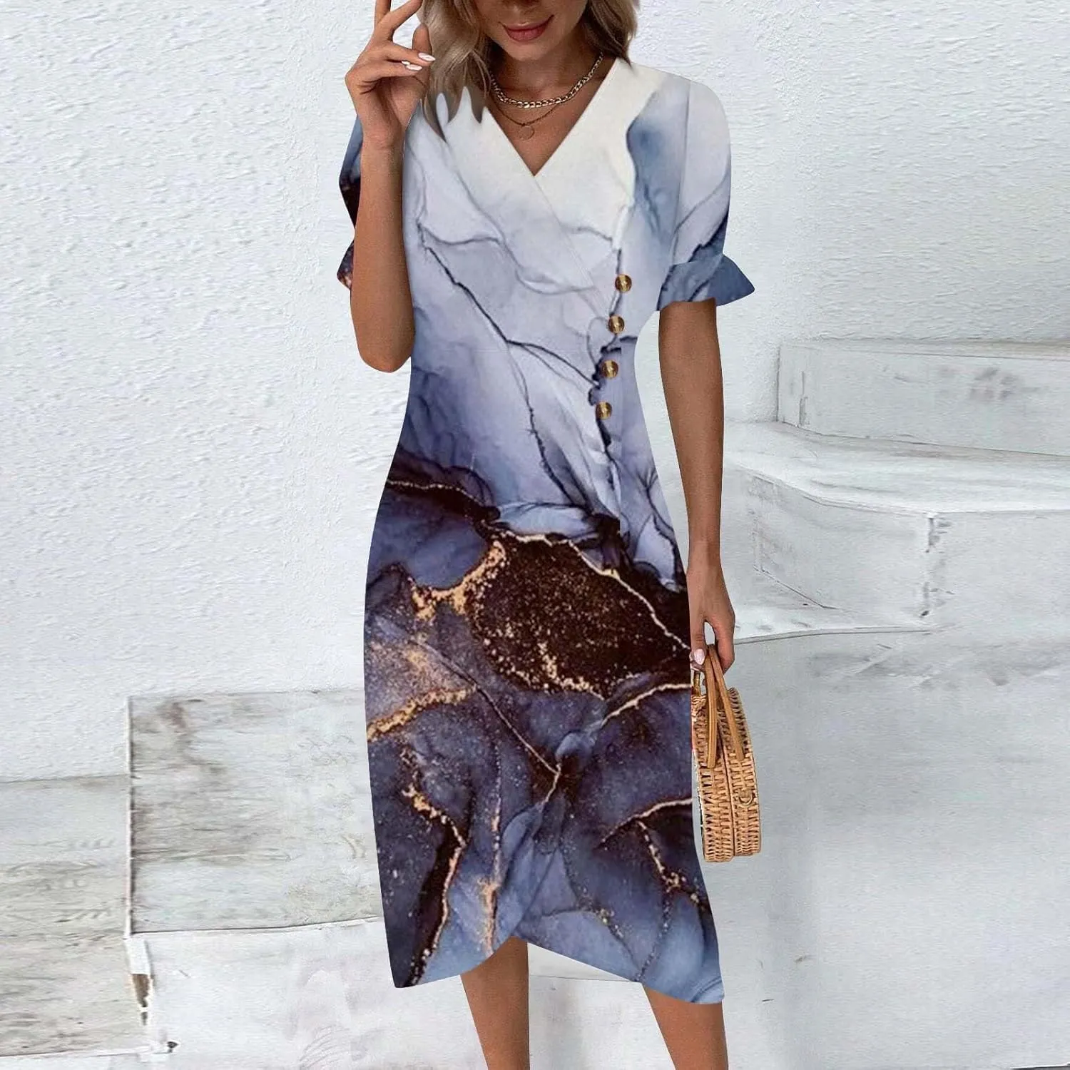 Spring Dresses for Women 2025 Bubble Sleeve Split Irregular Hem V-Neck Elegant Dress Button Floral Casual Sundress