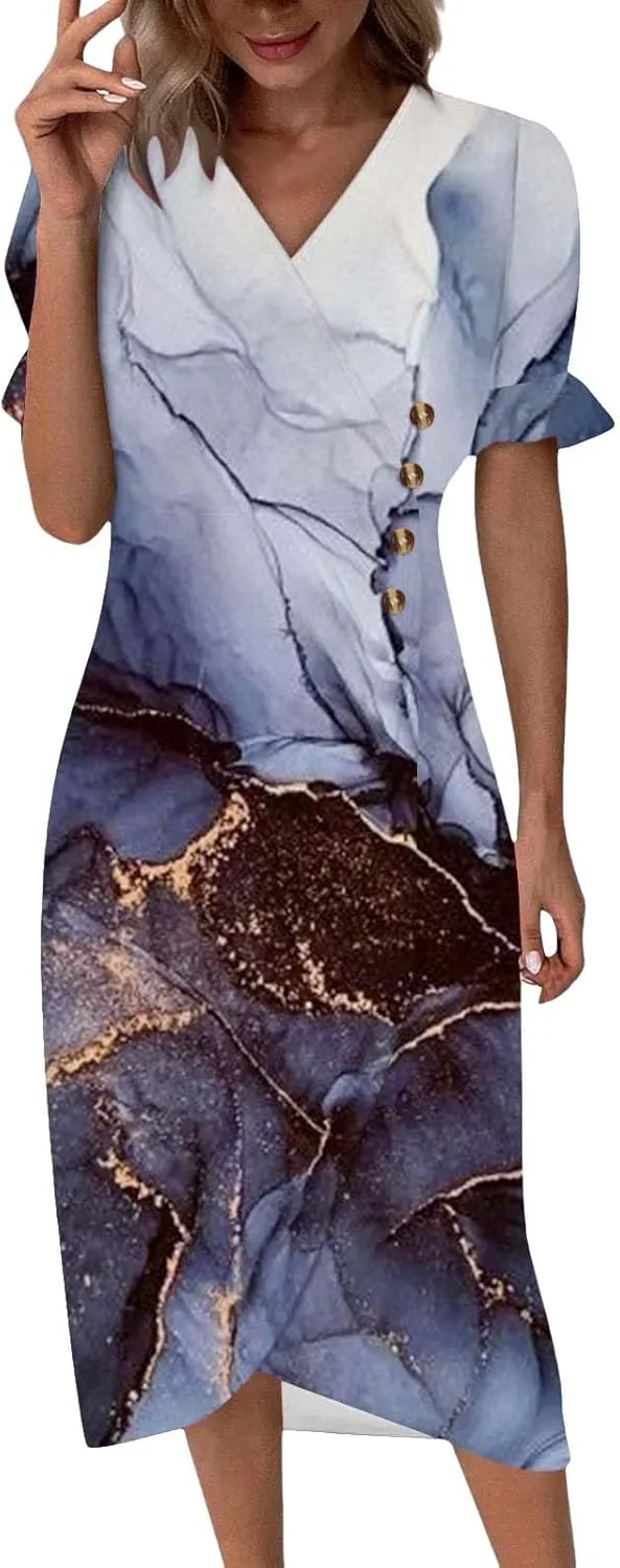 Spring Dresses for Women 2025 Bubble Sleeve Split Irregular Hem V-Neck Elegant Dress Button Floral Casual Sundress
