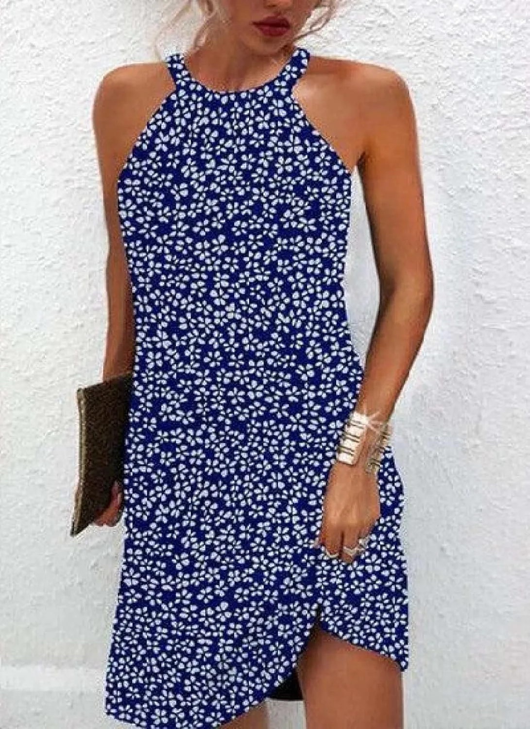 Summer 2025 Casual Chic Dress for Women Halter Floral Sleeveless Sundresses Flowy Shift T-Shirt Dresses