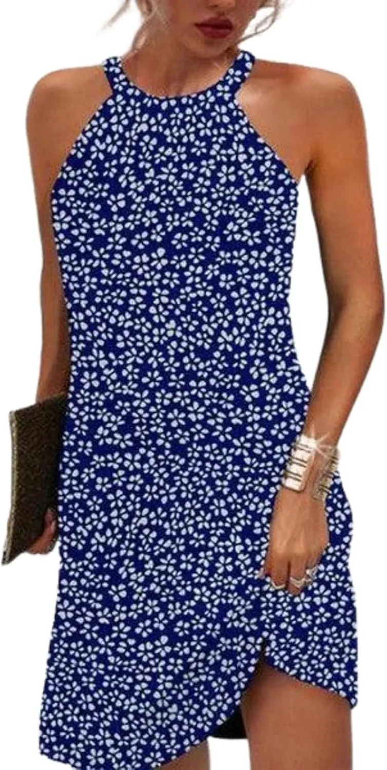 Summer 2025 Casual Chic Dress for Women Halter Floral Sleeveless Sundresses Flowy Shift T-Shirt Dresses
