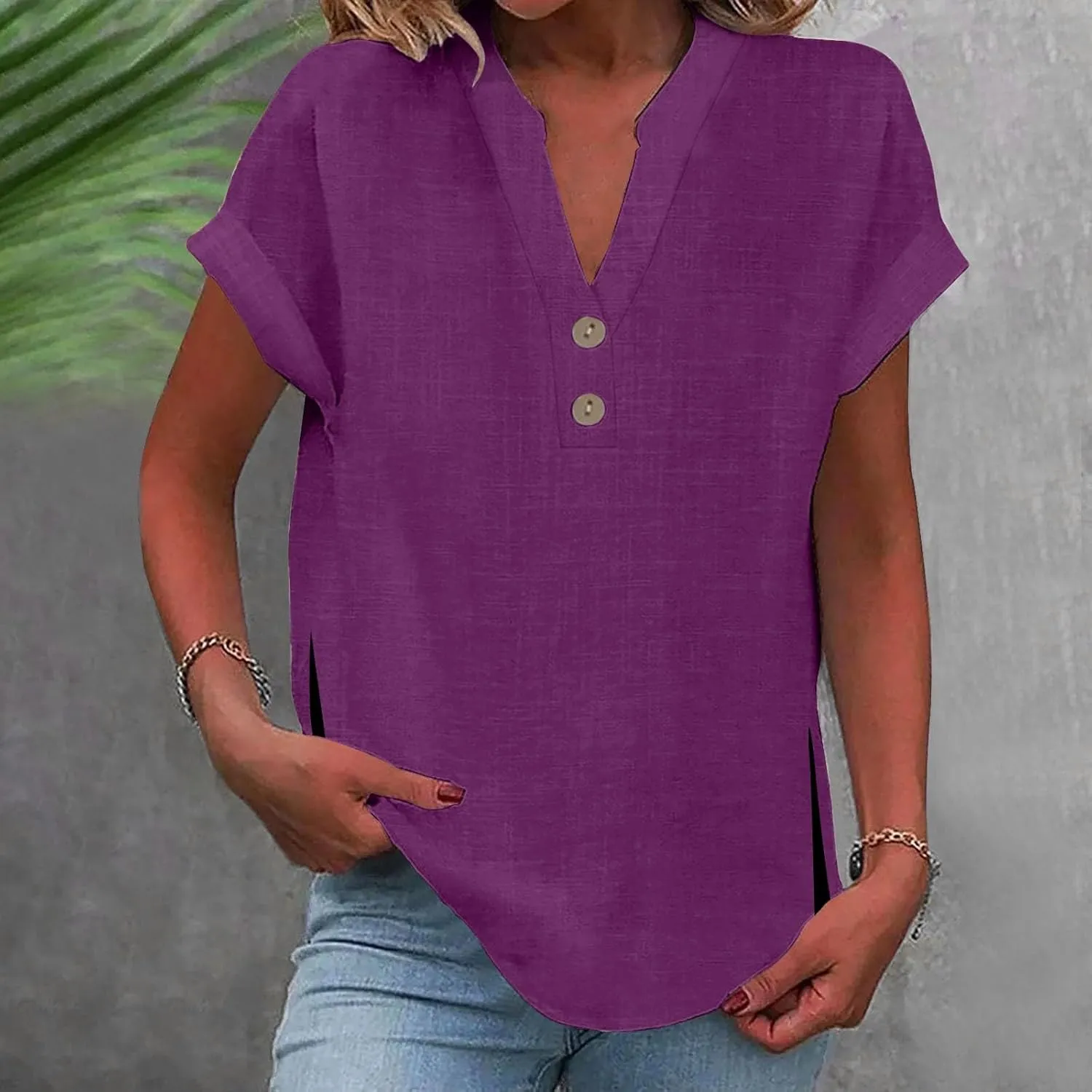 Summer Tops for Women,2025 Trendy Short Sleeve Cotton Linen Shirt Casual Button v Neck Tunic Blouses Outfits