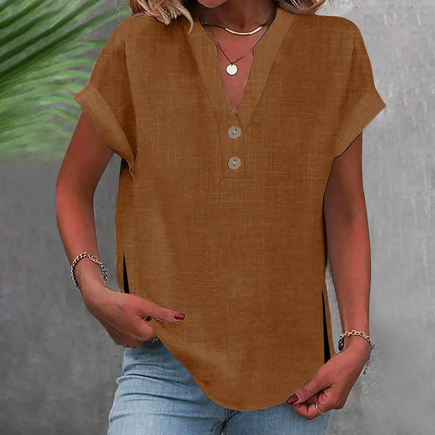 Summer Tops for Women,2025 Trendy Short Sleeve Cotton Linen Shirt Casual Button v Neck Tunic Blouses Outfits