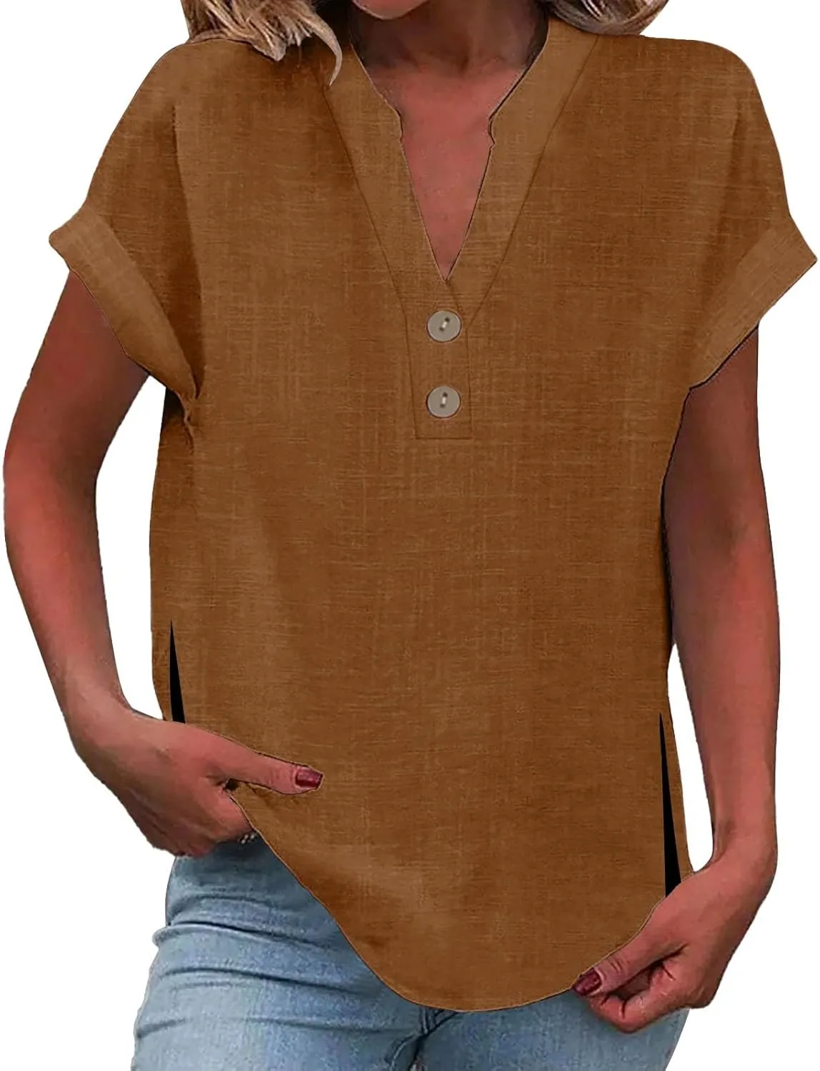 Summer Tops for Women,2025 Trendy Short Sleeve Cotton Linen Shirt Casual Button v Neck Tunic Blouses Outfits