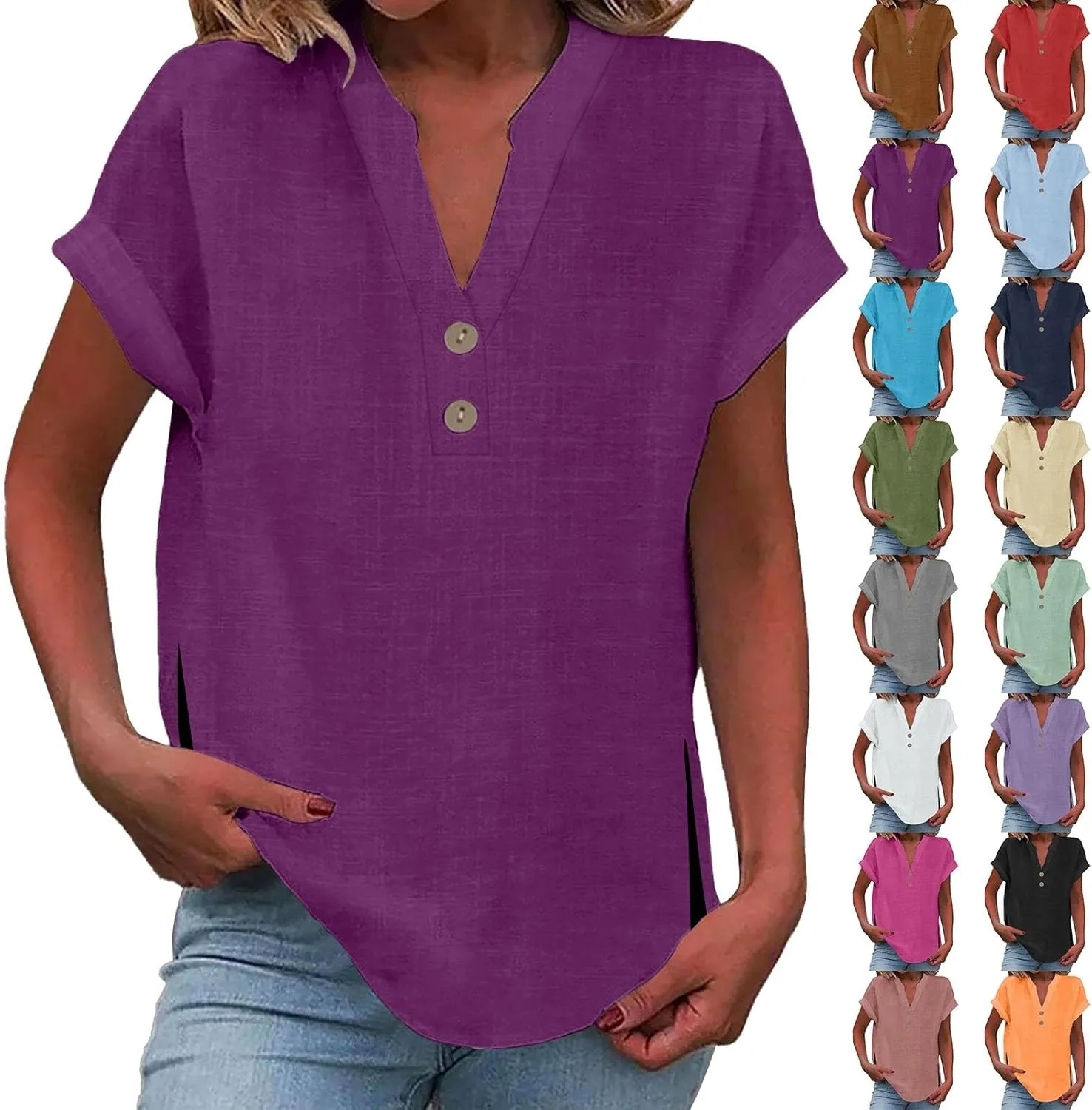 Summer Tops for Women,2025 Trendy Short Sleeve Cotton Linen Shirt Casual Button v Neck Tunic Blouses Outfits