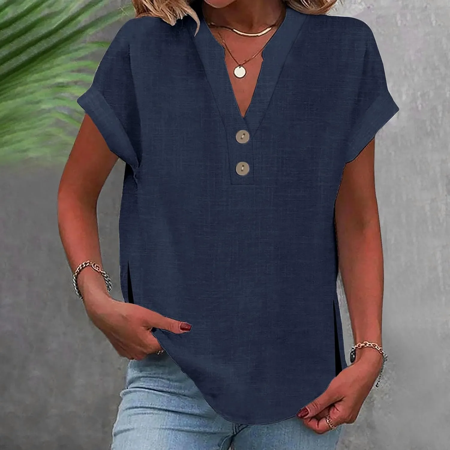 Summer Tops for Women,2025 Trendy Short Sleeve Cotton Linen Shirt Casual Button v Neck Tunic Blouses Outfits