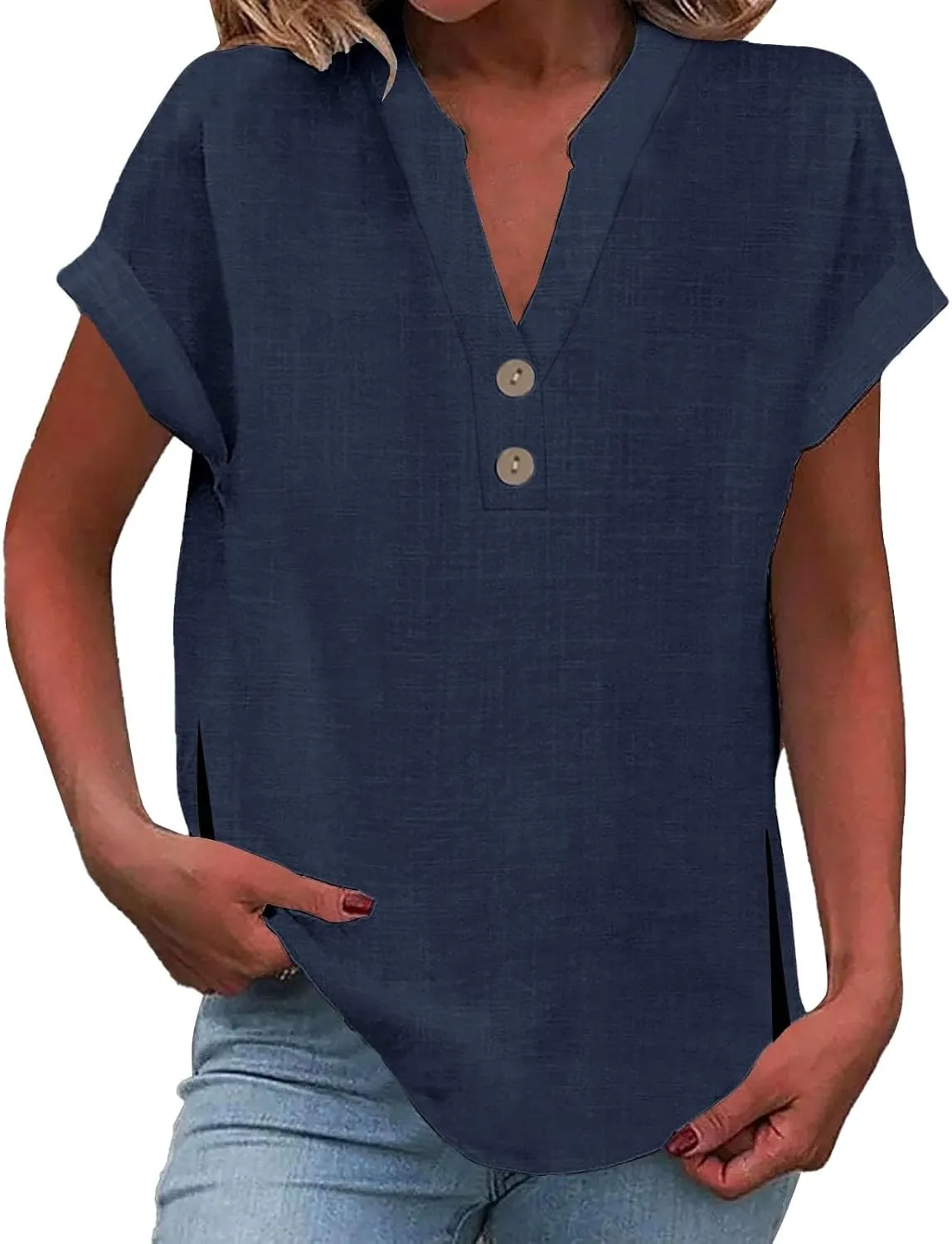 Summer Tops for Women,2025 Trendy Short Sleeve Cotton Linen Shirt Casual Button v Neck Tunic Blouses Outfits