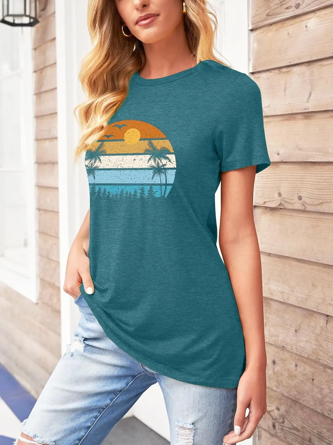 TAKEYAL Women Los Angeles Graphic T Shirts California Letter Print Short Sleeve Tee Loose Casual Tops