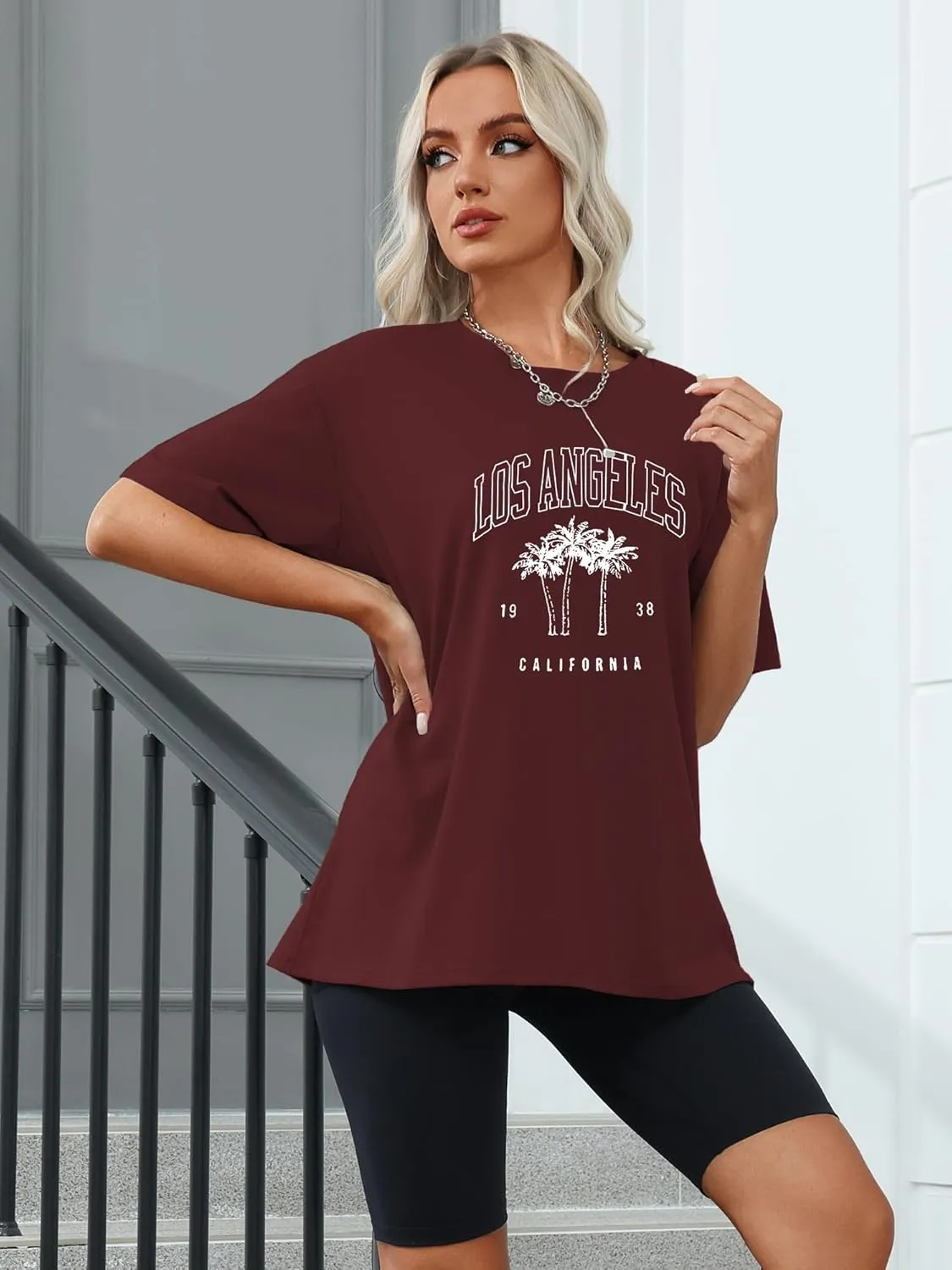 TAKEYAL Women Los Angeles Graphic T Shirts California Letter Print Short Sleeve Tee Loose Casual Tops