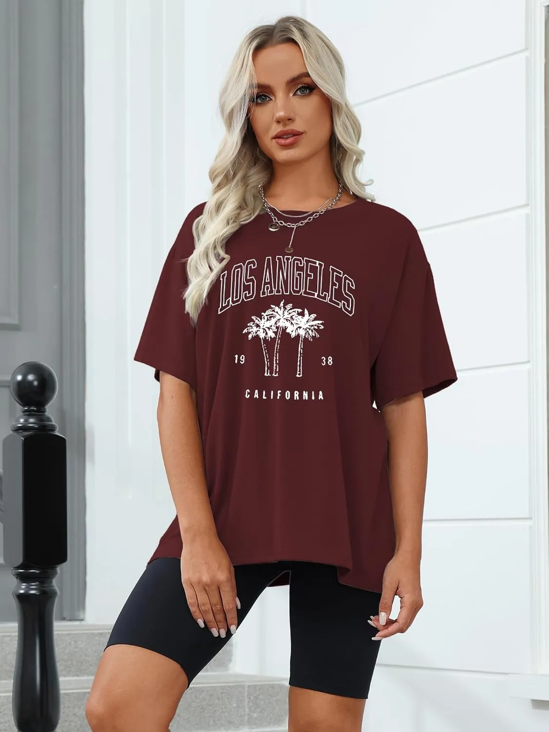 TAKEYAL Women Los Angeles Graphic T Shirts California Letter Print Short Sleeve Tee Loose Casual Tops
