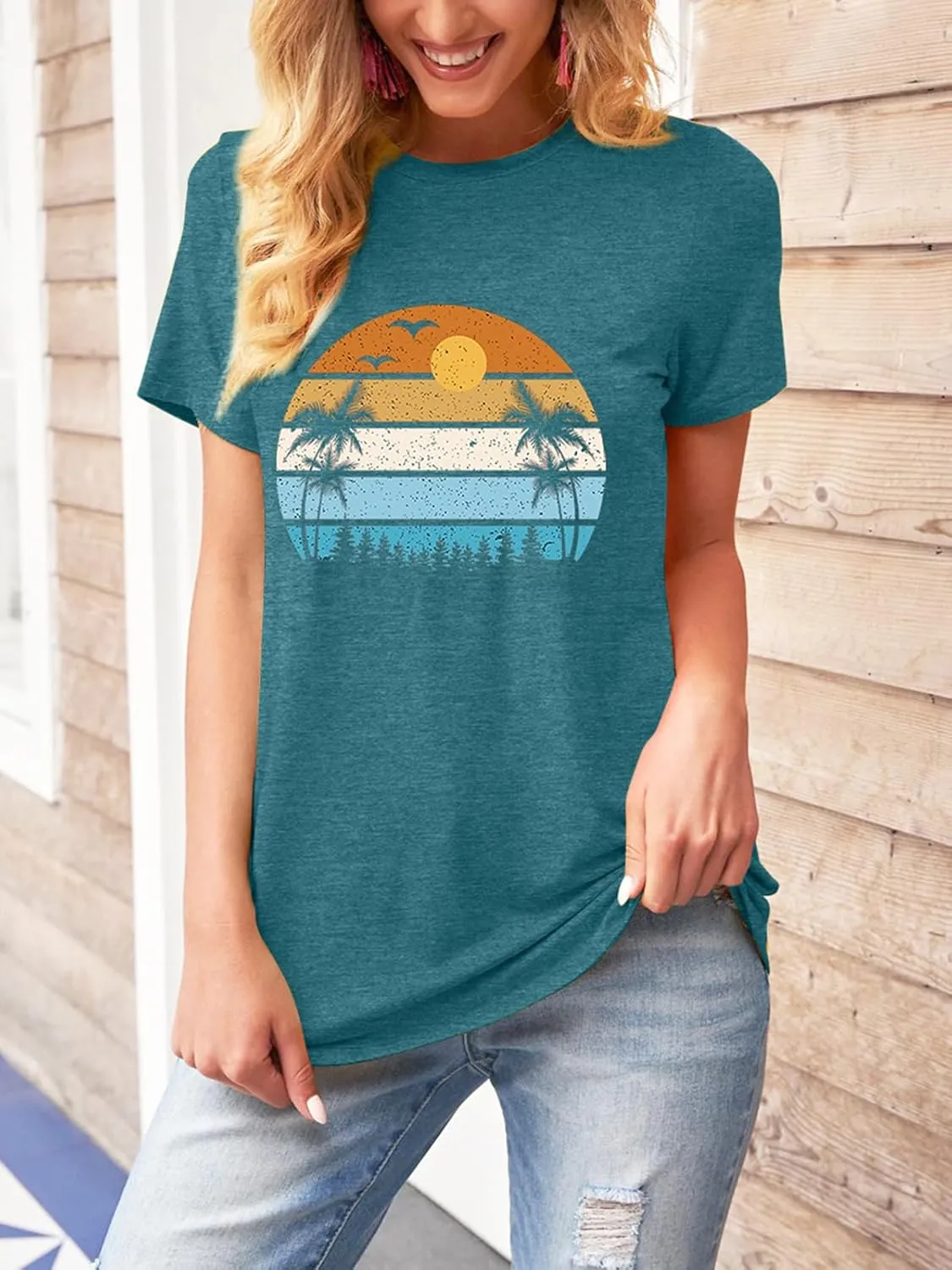 TAKEYAL Women Los Angeles Graphic T Shirts California Letter Print Short Sleeve Tee Loose Casual Tops