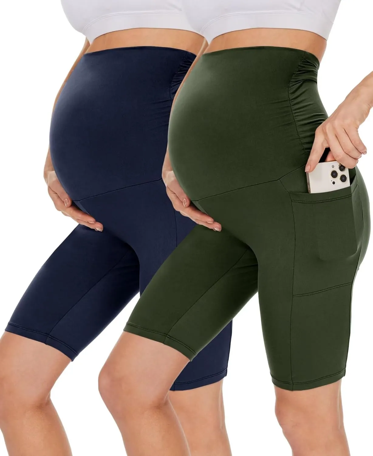 UBCUTE 2 Pack Women's Maternity Biker Shorts with Pockets-High Waist Black Workout Yoga Comfy Pregnancy Pants Over Belly