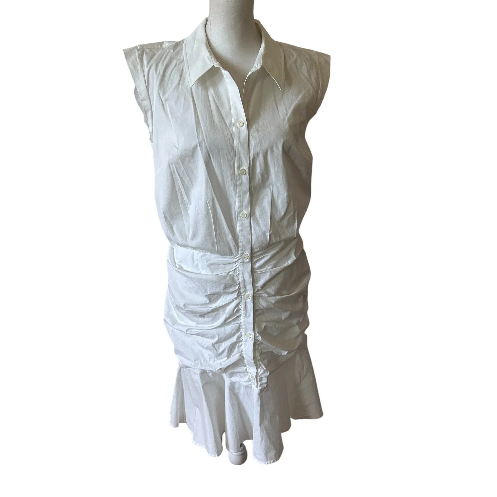 Veronica Beard White Cap Sleeve Ruched Ruffle Bottom Shirt Dress Womens Size 6