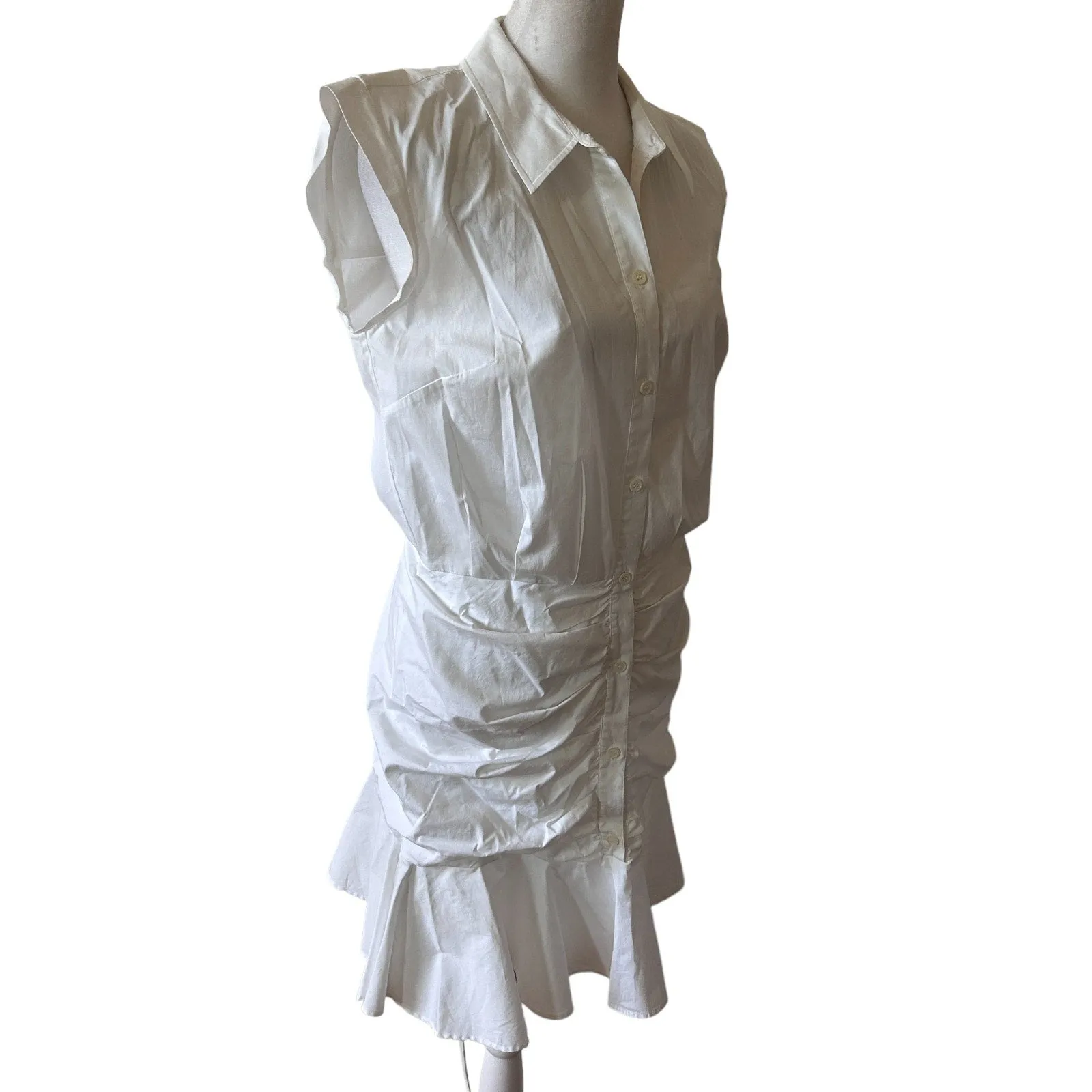 Veronica Beard White Cap Sleeve Ruched Ruffle Bottom Shirt Dress Womens Size 6