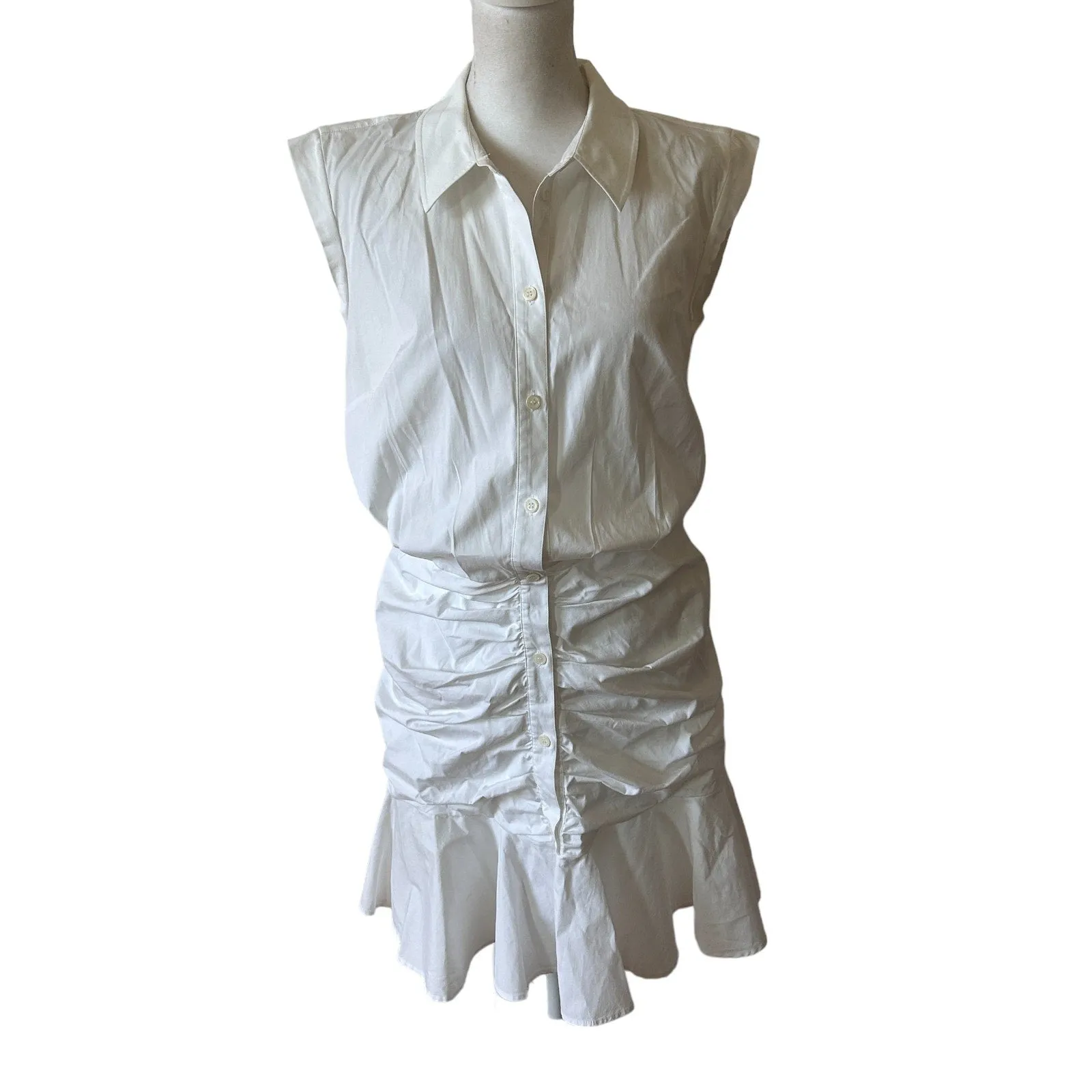 Veronica Beard White Cap Sleeve Ruched Ruffle Bottom Shirt Dress Womens Size 6
