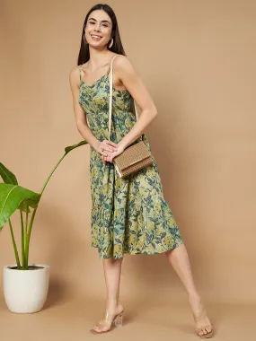 Vibrant Green Printed Flared Dress for Women