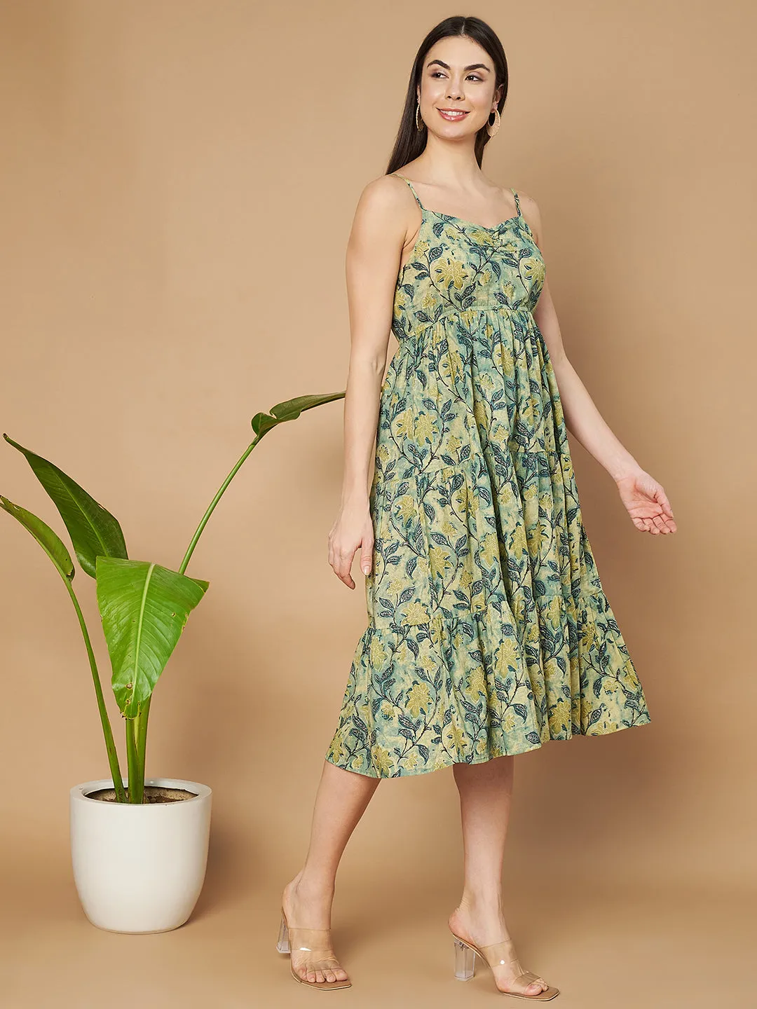 Vibrant Green Printed Flared Dress for Women