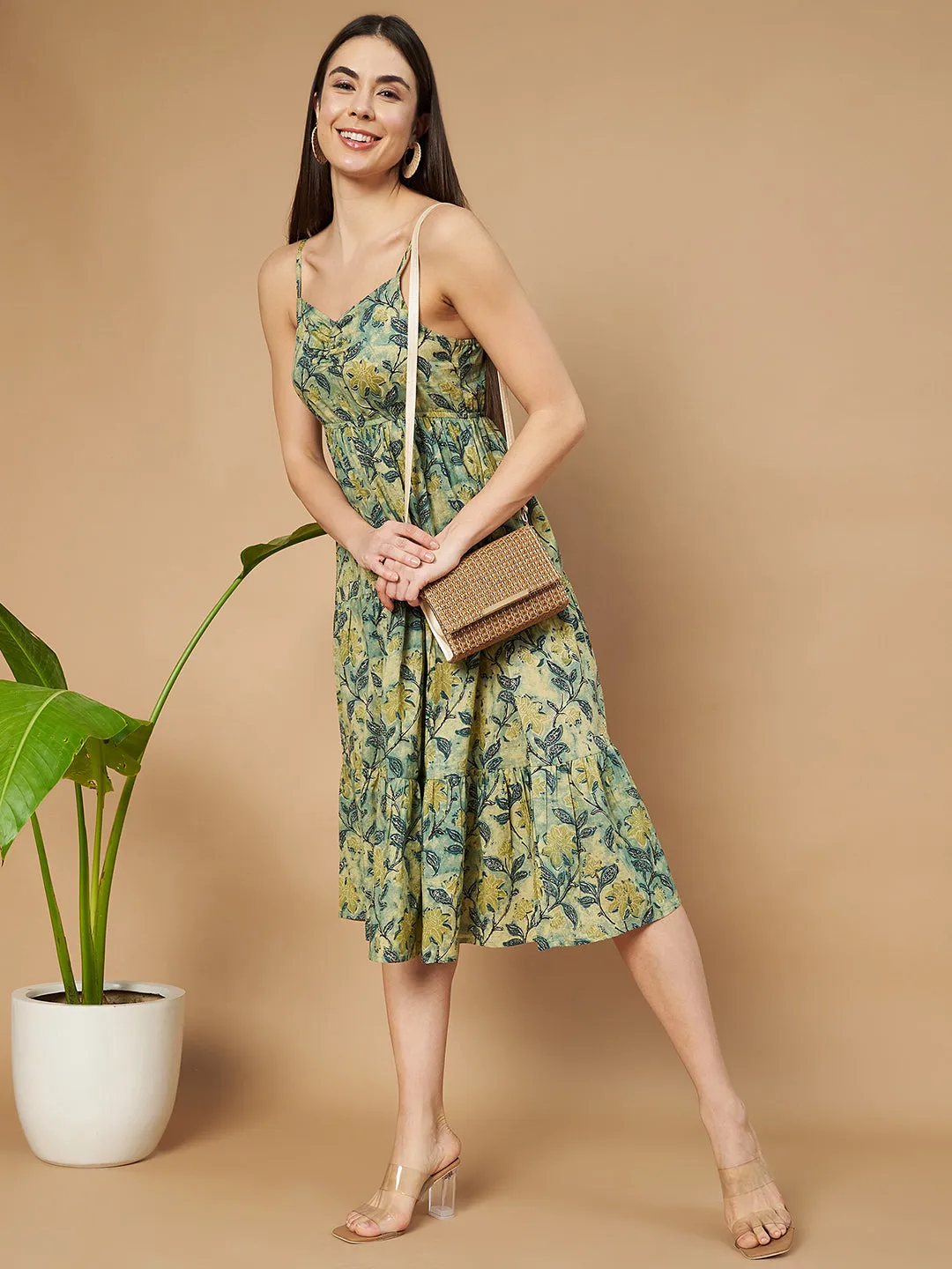 Vibrant Green Printed Flared Dress for Women
