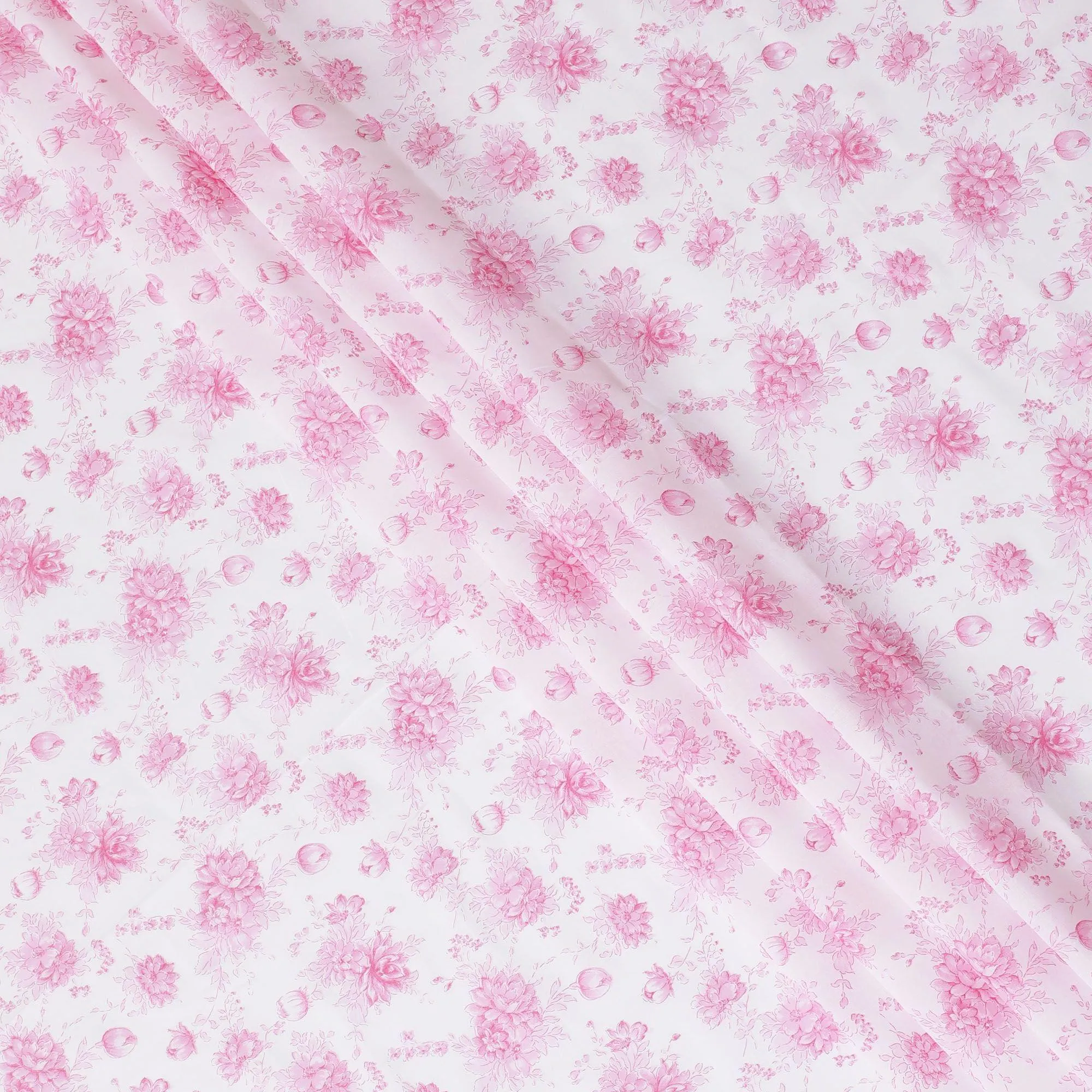 White cotton voile fabric with baby pink print in floral design-D15052