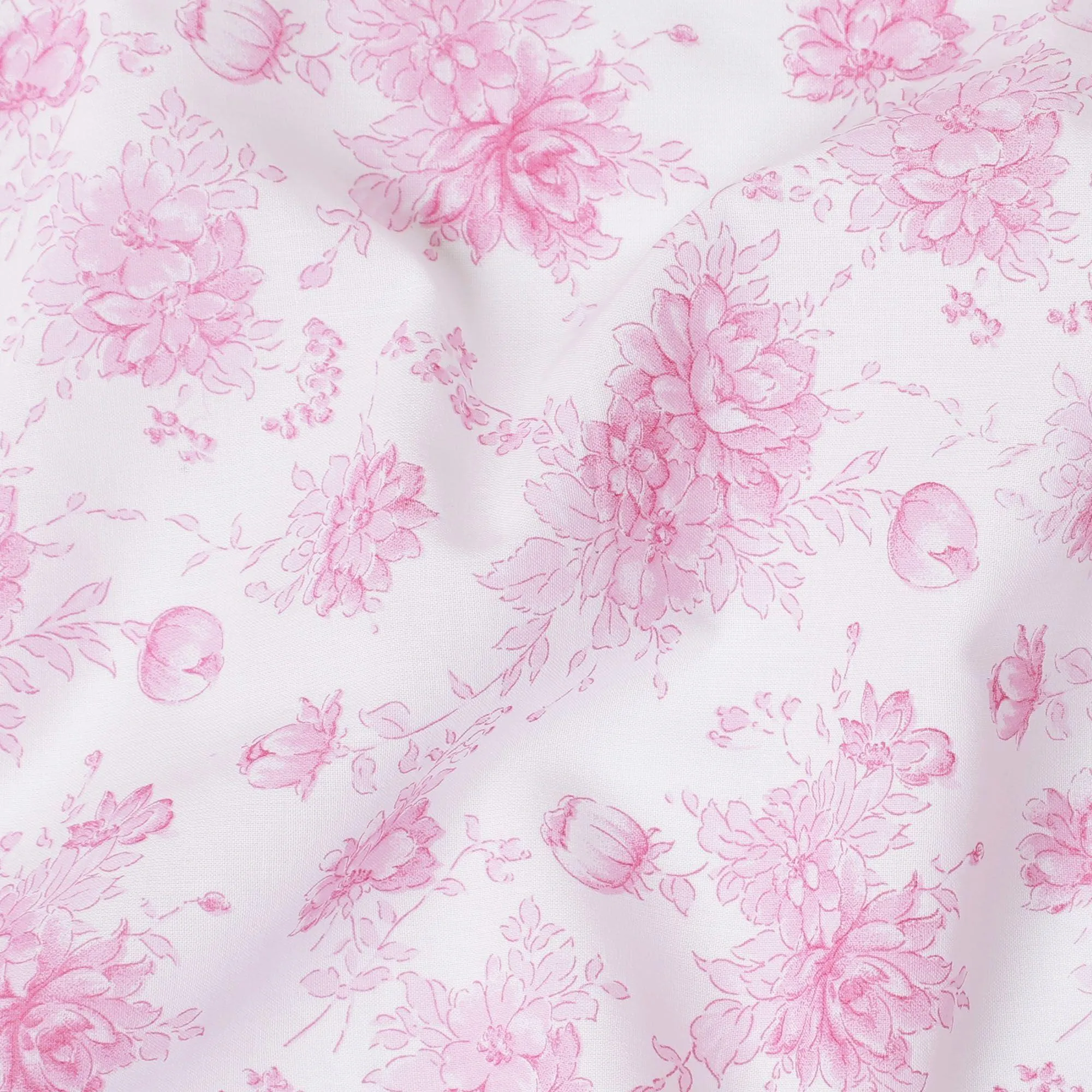 White cotton voile fabric with baby pink print in floral design-D15052