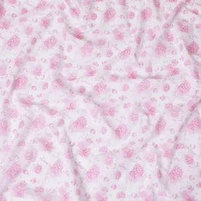 White cotton voile fabric with baby pink print in floral design-D15052