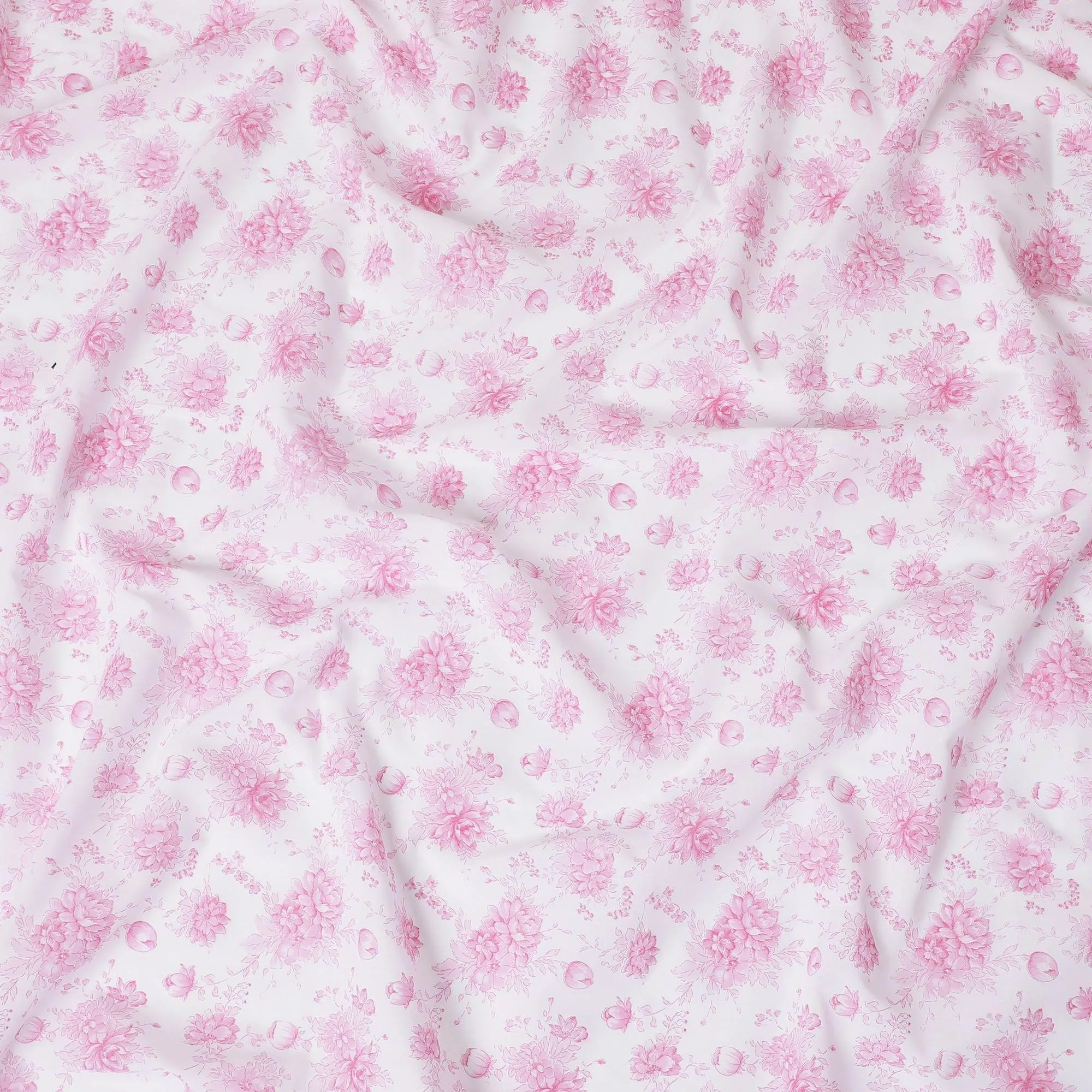 White cotton voile fabric with baby pink print in floral design-D15052