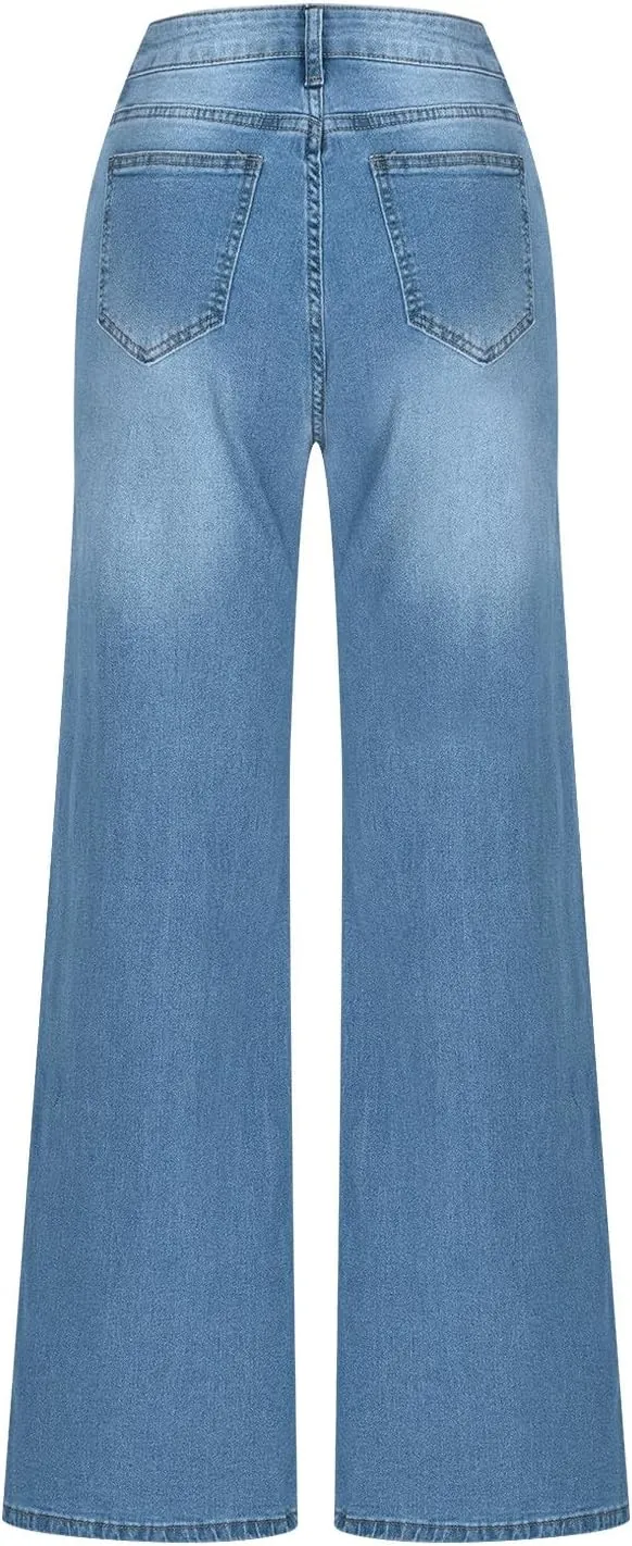 Wide Leg Jeans for Women 2025 Trendy High Waisted Stretch Front Split Hem Loose Fit Patchwork Flared Denim Pants